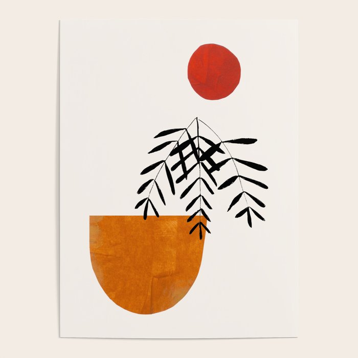 'Autumn Vine' Minimal Mid Century Abstract Shapes With Floral Plant Motif Boho Vintage Paper Collage Line Drawing Poster Gallery Image 4