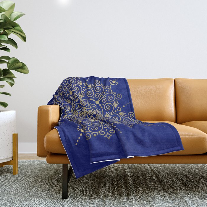 Moroccan Mandala - Gold Ink on Navy Throw Blanket Gallery Image 1