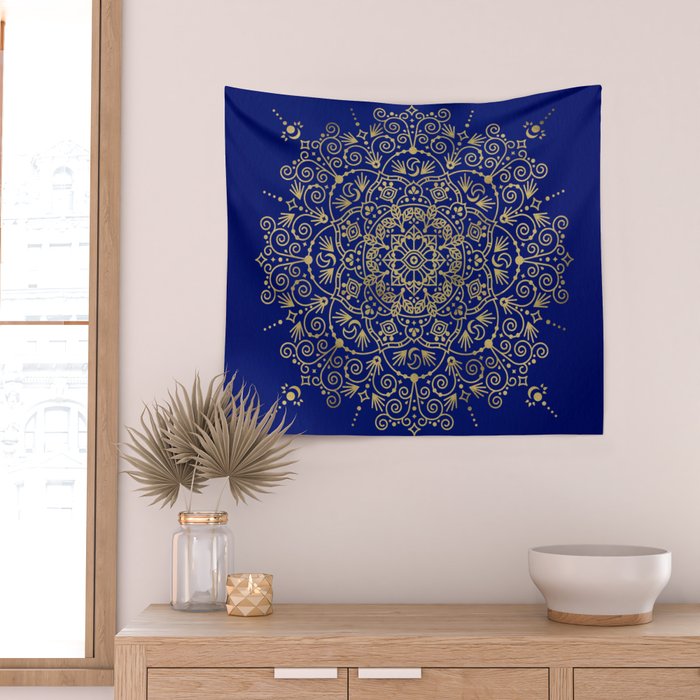 Moroccan Mandala - Gold Ink on Navy Wall Tapestry Gallery Image 2