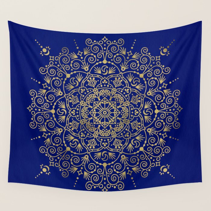 Moroccan Mandala - Gold Ink on Navy Wall Tapestry Gallery Image 1