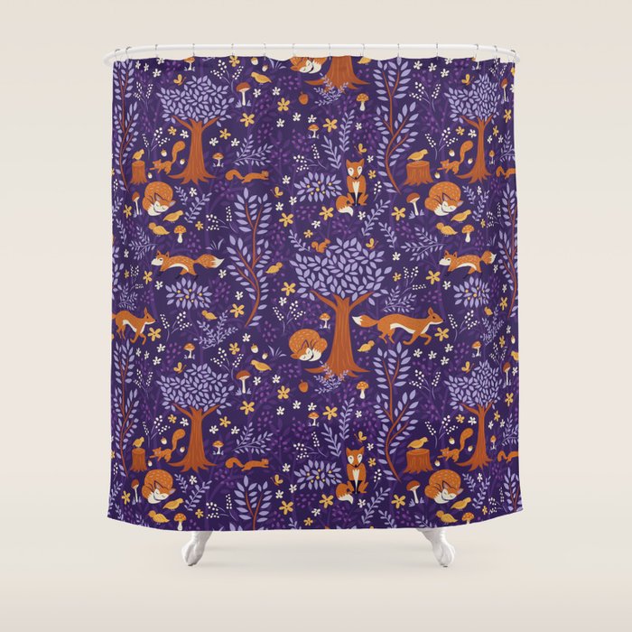 Foxes Playing in a Purple Forest Shower Curtain Gallery Image 1