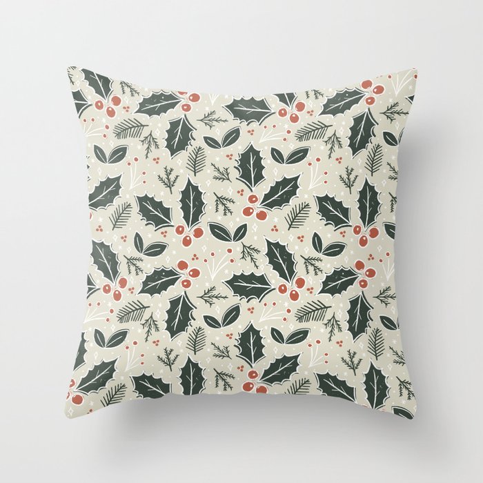 Holly Days . Neutral Throw Pillow Gallery Image 6