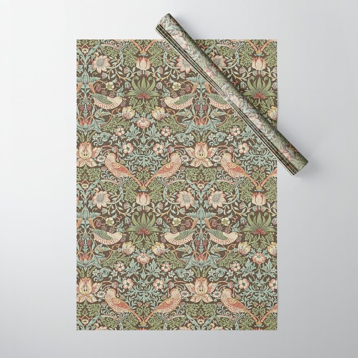 William Morris Strawberry Thief Brown Chocolate Slate Wrapping Paper Gallery Image 1