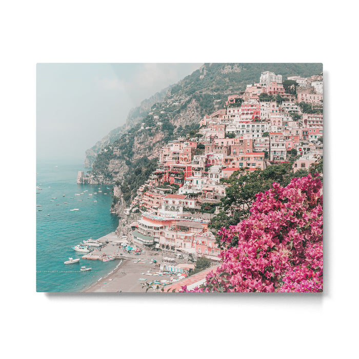 Positano Italy Beach Scenic Pink Flowers Travel Photography Metal Print Gallery Image 1