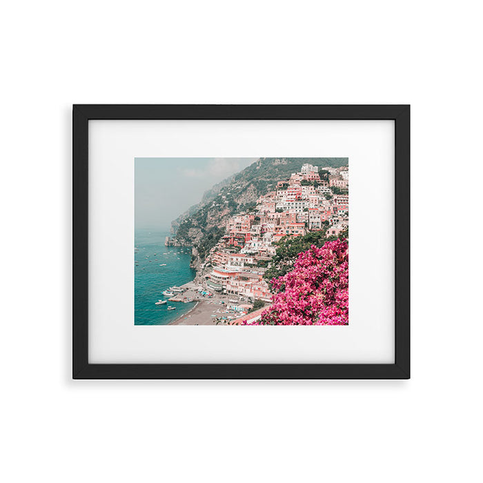 Positano Italy Beach Scenic Pink Flowers Travel Photography Framed Art Print Gallery Image 1