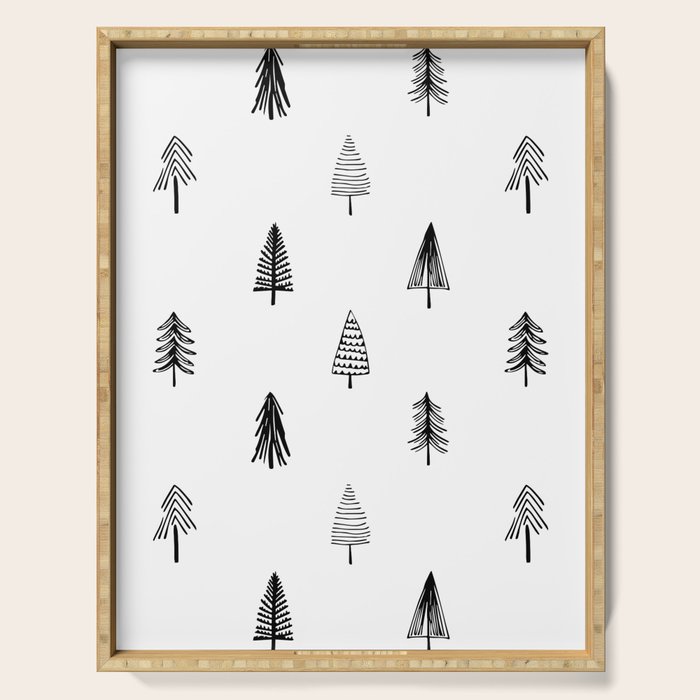 Black and white pine tree doodle art pattern Serving Tray Gallery Image 1