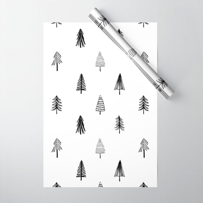 Black and white pine tree doodle art pattern Wrapping Paper Gallery Image 1