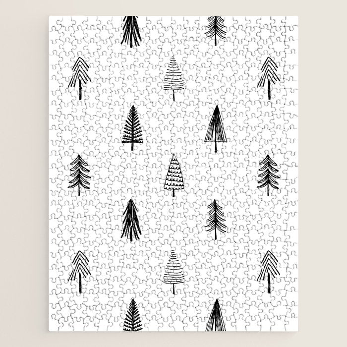 Black and white pine tree doodle art pattern Jigsaw Puzzle Gallery Image 1