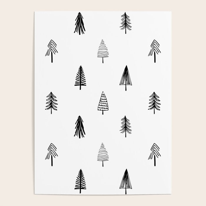 Black and white pine tree doodle art pattern Poster Gallery Image 1