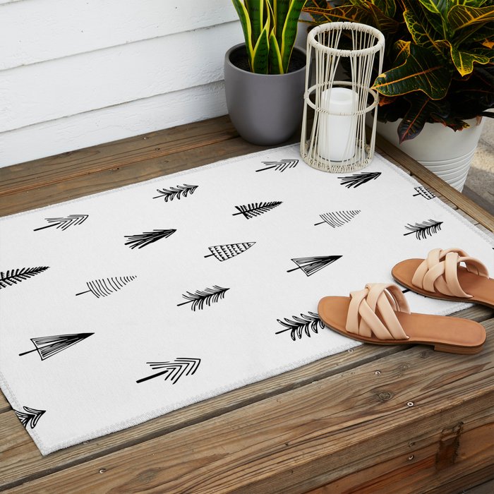 Black and white pine tree doodle art pattern Outdoor Rug Gallery Image 2