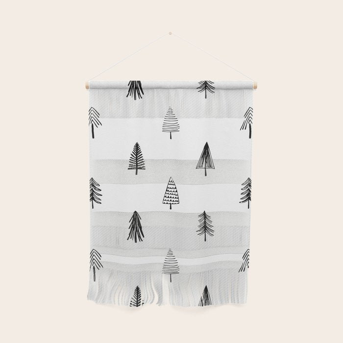 Black and white pine tree doodle art pattern Wall Hanging Gallery Image 1