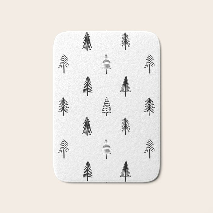 Black and white pine tree doodle art pattern Bath Mat Gallery Image 1