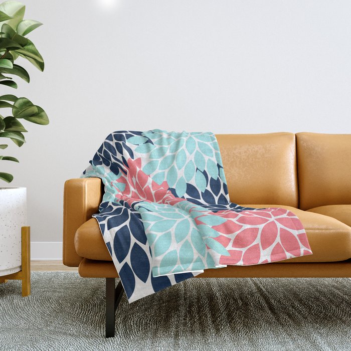 Navy Coral Aqua Floral Pattern Flower Burst Petals Throw Blanket Gallery Image 1