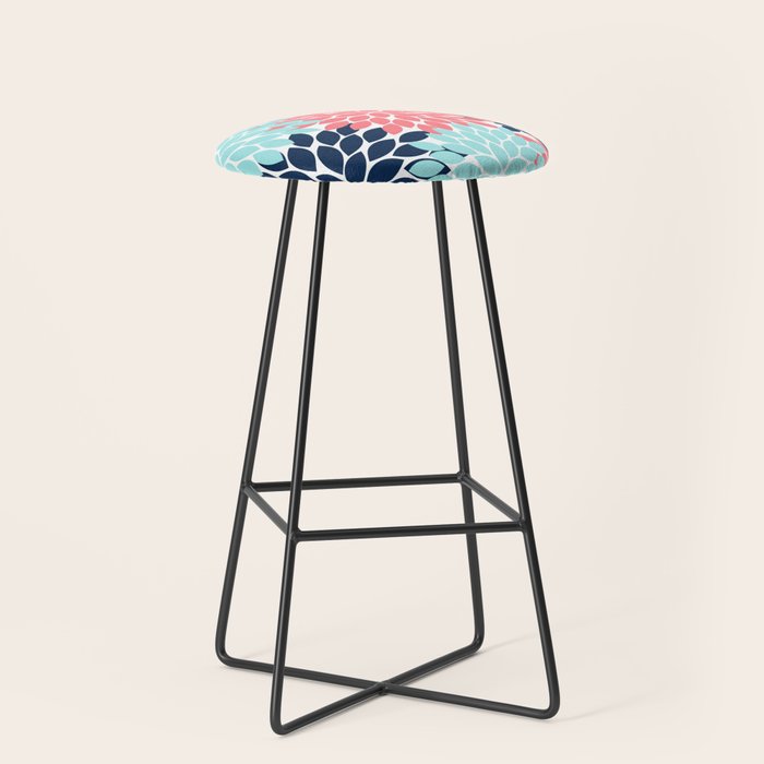 Navy Coral Aqua Floral Pattern Flower Burst Petals Stool Gallery Image 1