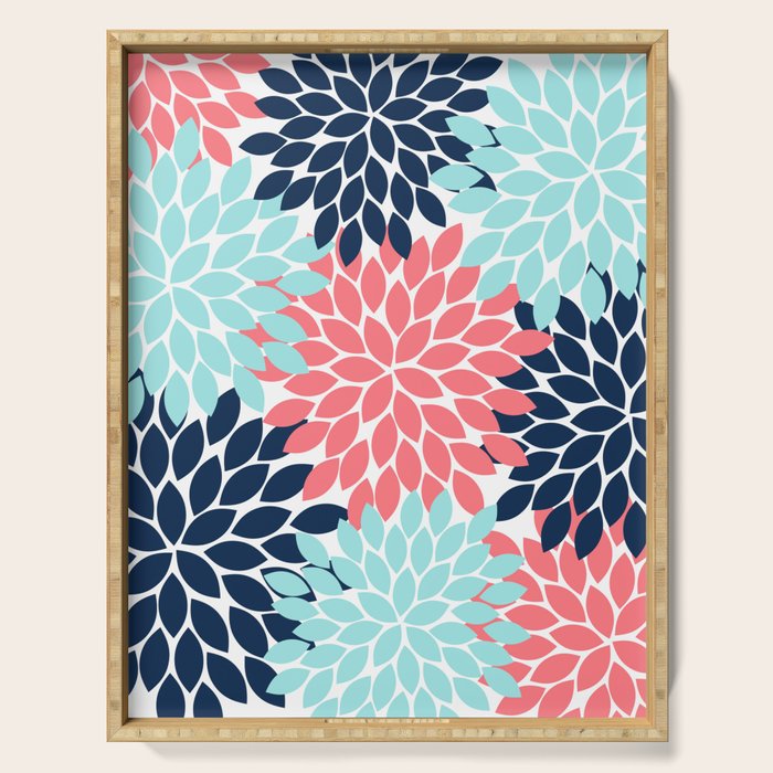 Navy Coral Aqua Floral Pattern Flower Burst Petals Serving Tray Gallery Image 1