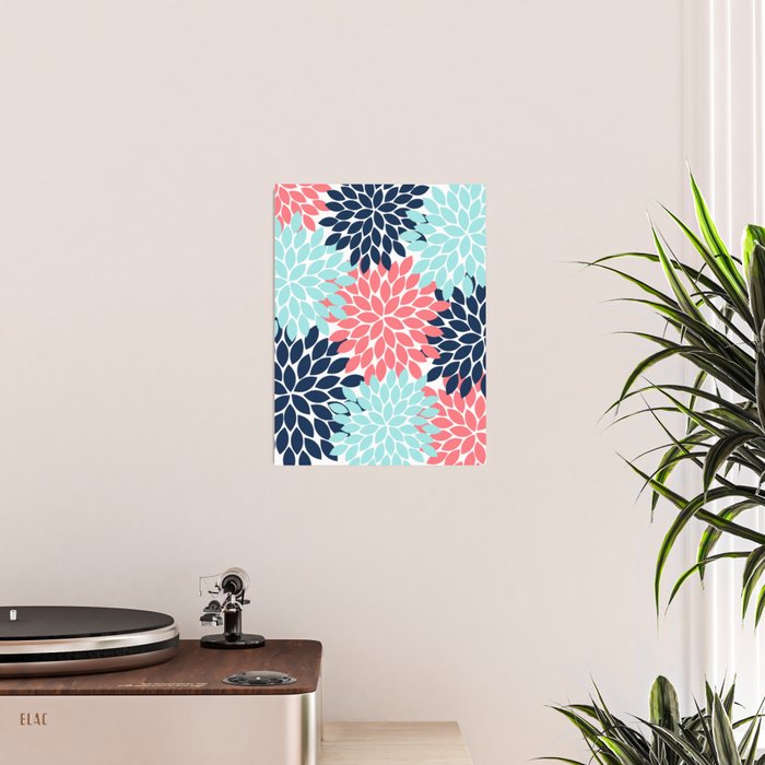 Navy Coral Aqua Floral Pattern Flower Burst Petals Poster Gallery Image 2