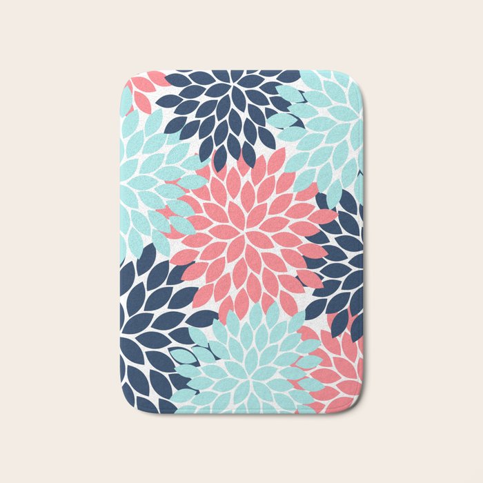 Navy Coral Aqua Floral Pattern Flower Burst Petals Bath Mat Gallery Image 1