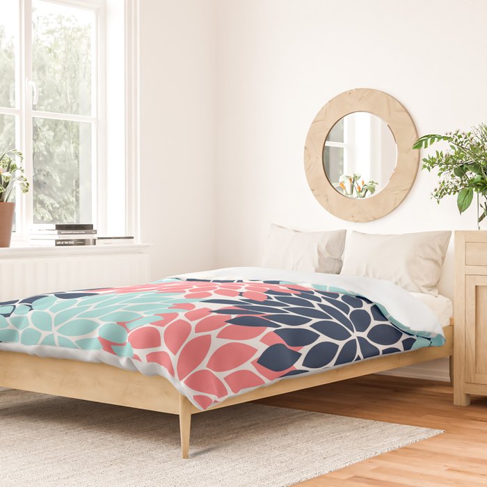 Navy Coral Aqua Floral Pattern Flower Burst Petals Duvet Cover Gallery Image 2