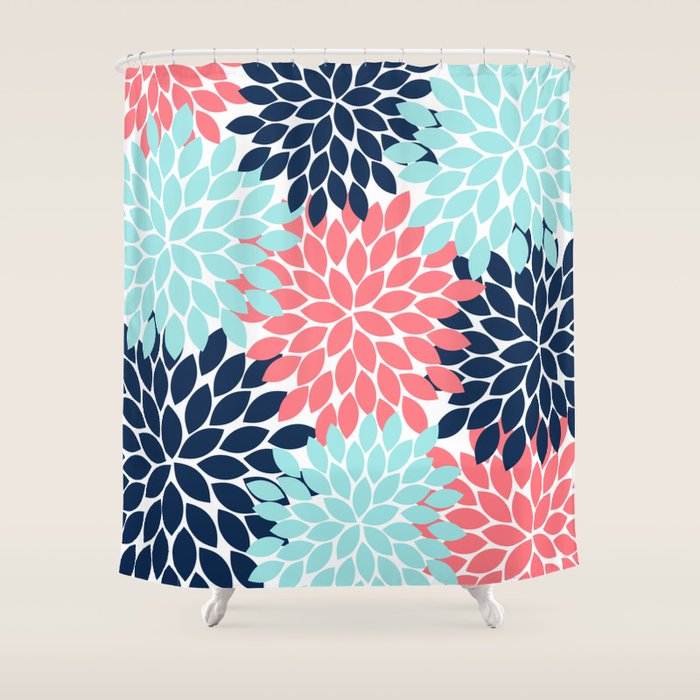 Navy Coral Aqua Floral Pattern Flower Burst Petals Shower Curtain Gallery Image 1