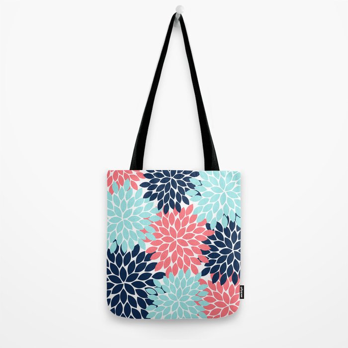 Navy Coral Aqua Floral Pattern Flower Burst Petals Tote Bag Gallery Image 2