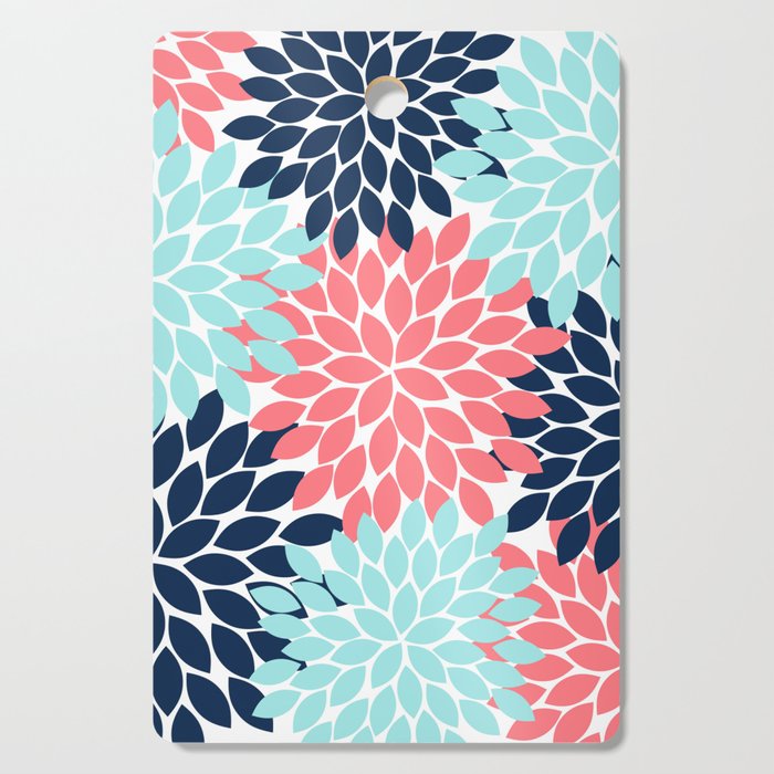 Navy Coral Aqua Floral Pattern Flower Burst Petals Cutting Board Gallery Image 1