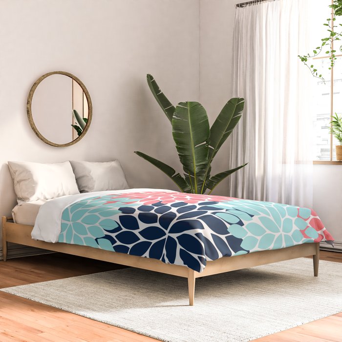 Navy Coral Aqua Floral Pattern Flower Burst Petals Comforter Gallery Image 2