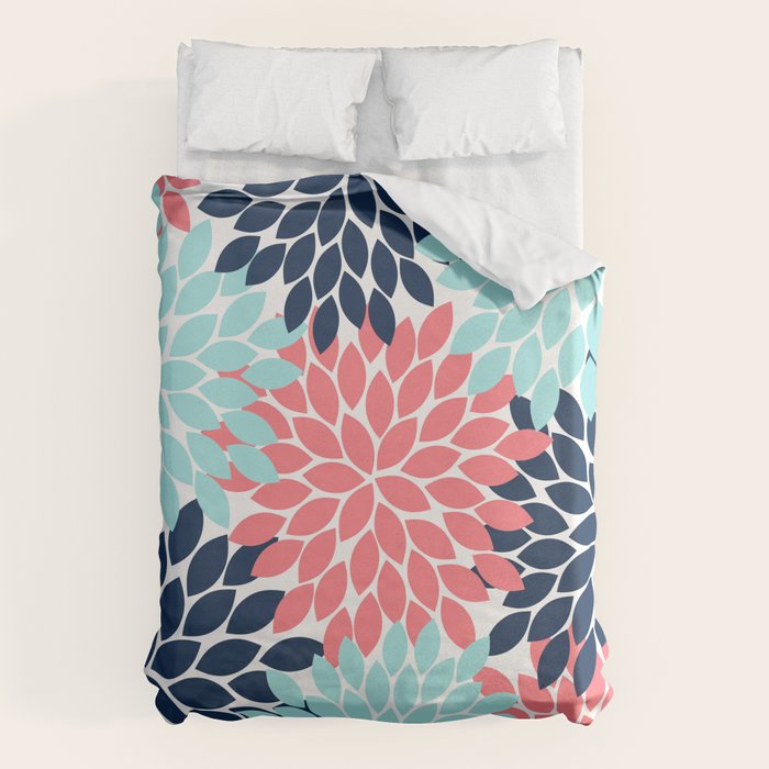 Navy Coral Aqua Floral Pattern Flower Burst Petals Duvet Cover Gallery Image 1