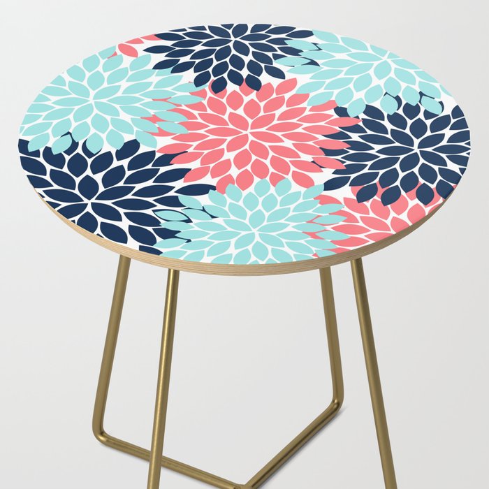 Navy Coral Aqua Floral Pattern Flower Burst Petals Side Table Gallery Image 2