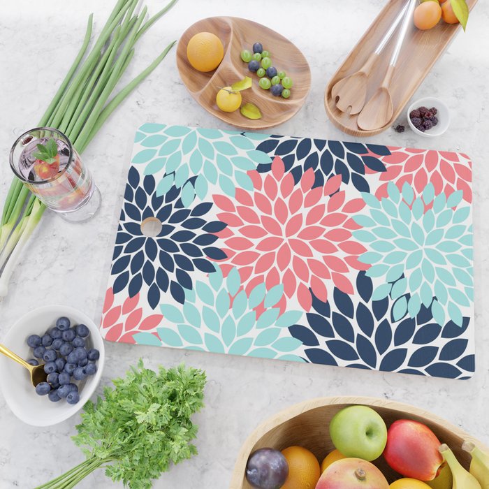 Navy Coral Aqua Floral Pattern Flower Burst Petals Cutting Board Gallery Image 2