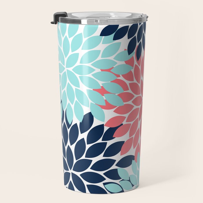 Navy Coral Aqua Floral Pattern Flower Burst Petals Travel Mug Gallery Image 3