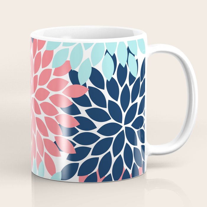 Navy Coral Aqua Floral Pattern Flower Burst Petals Coffee Mug Gallery Image 1