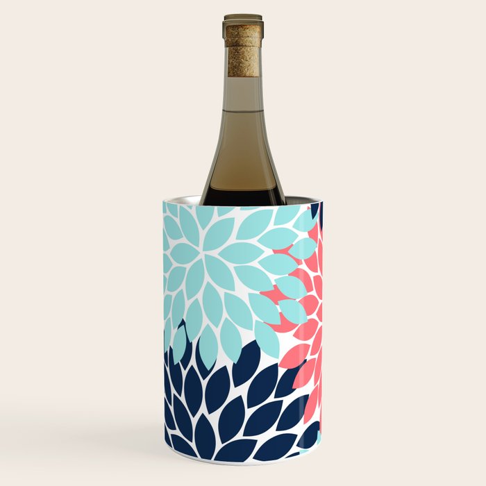 Navy Coral Aqua Floral Pattern Flower Burst Petals Wine Chiller Gallery Image 2