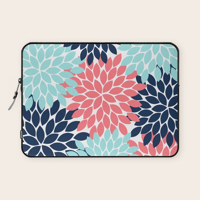 Navy Coral Aqua Floral Pattern Flower Burst Petals Laptop Sleeve Gallery Image 1