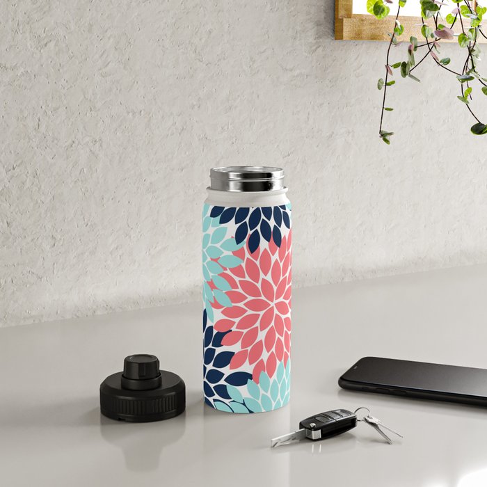 Navy Coral Aqua Floral Pattern Flower Burst Petals Water Bottle Gallery Image 4