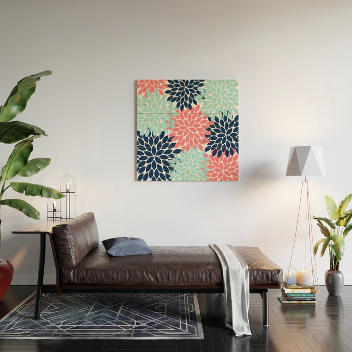 Navy Coral Aqua Floral Pattern Flower Burst Petals Wood Wall Art Gallery Image 2