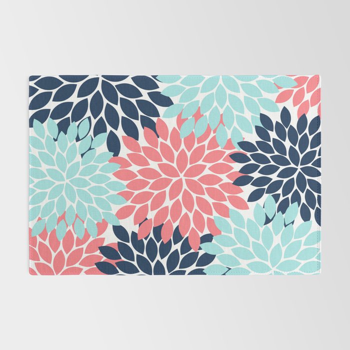 Navy Coral Aqua Floral Pattern Flower Burst Petals Rug Gallery Image 2