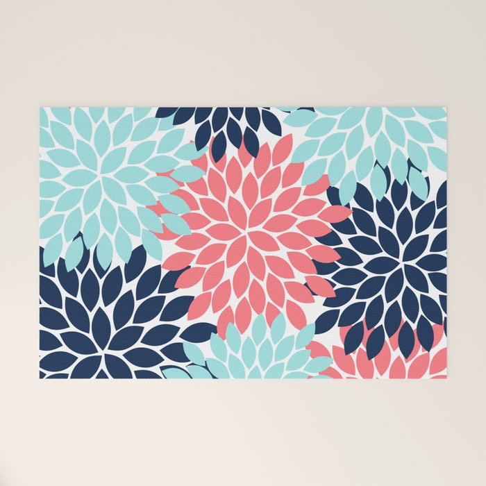 Navy Coral Aqua Floral Pattern Flower Burst Petals Welcome Mat