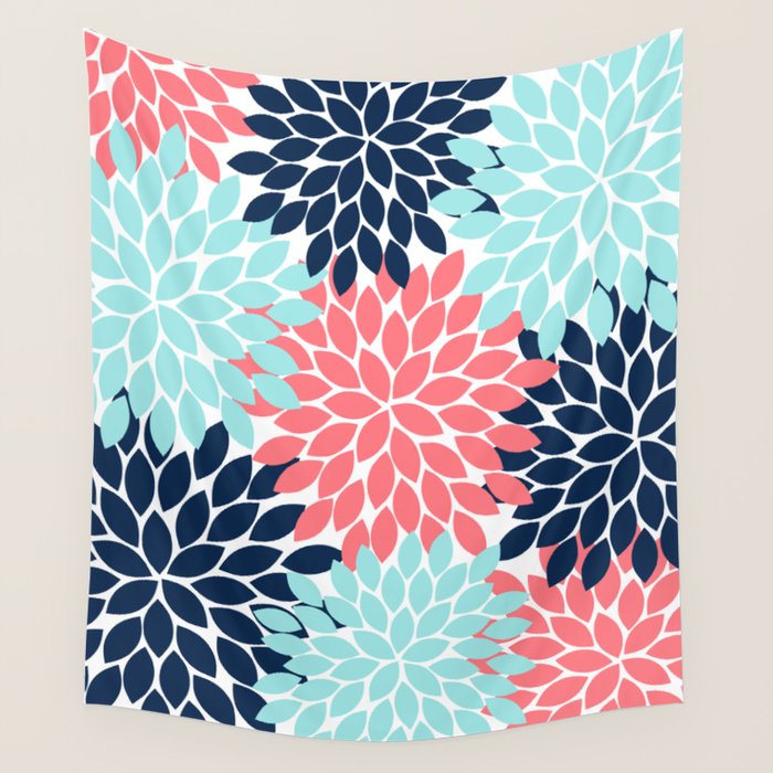 Navy Coral Aqua Floral Pattern Flower Burst Petals Wall Tapestry Gallery Image 4