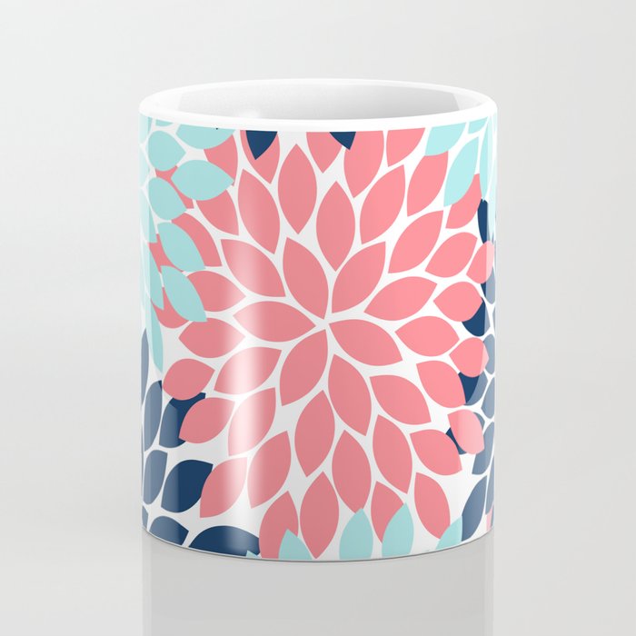 Navy Coral Aqua Floral Pattern Flower Burst Petals Coffee Mug Gallery Image 4