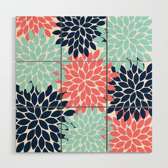Navy Coral Aqua Floral Pattern Flower Burst Petals Wood Wall Art Gallery Image 1
