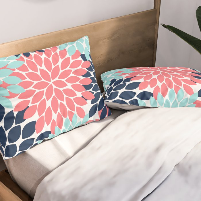 Navy Coral Aqua Floral Pattern Flower Burst Petals Pillow Sham Gallery Image 2