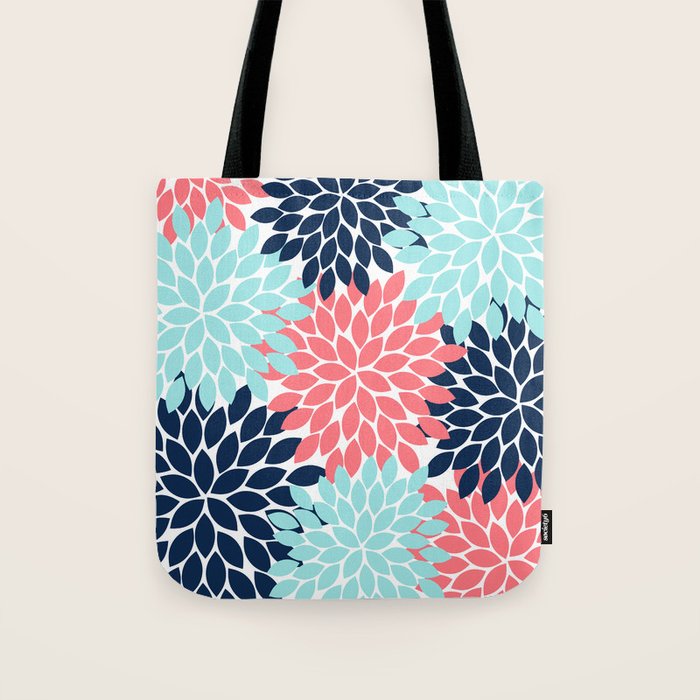 Navy Coral Aqua Floral Pattern Flower Burst Petals Tote Bag Gallery Image 1