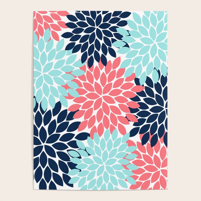 Navy Coral Aqua Floral Pattern Flower Burst Petals Poster Gallery Image 4