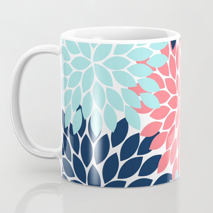 Navy Coral Aqua Floral Pattern Flower Burst Petals Coffee Mug Gallery Image 3