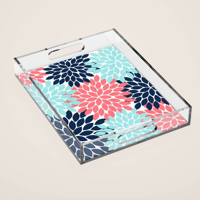 Navy Coral Aqua Floral Pattern Flower Burst Petals Acrylic Tray Gallery Image 1