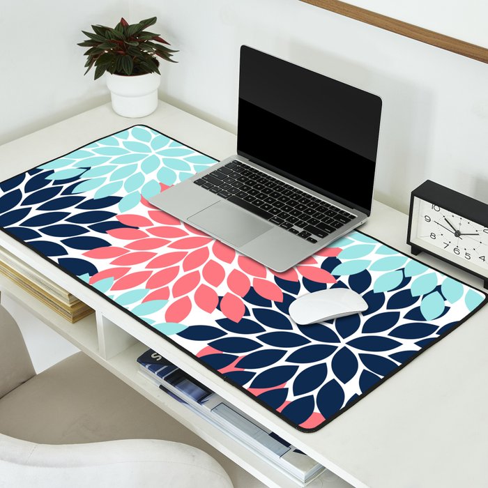 Navy Coral Aqua Floral Pattern Flower Burst Petals Desk Mat Gallery Image 2