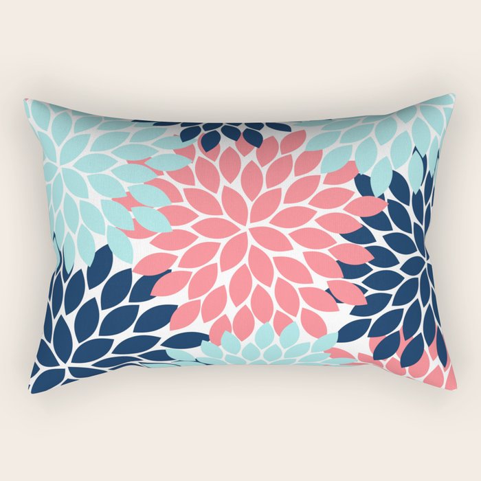 Navy Coral Aqua Floral Pattern Flower Burst Petals Rectangular Pillow Gallery Image 1