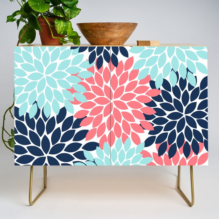 Navy Coral Aqua Floral Pattern Flower Burst Petals Credenza Gallery Image 1