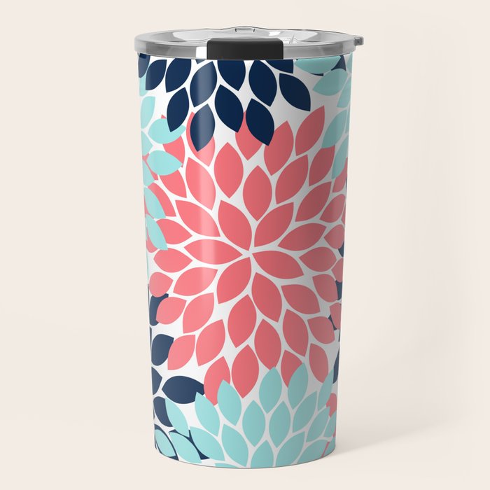 Navy Coral Aqua Floral Pattern Flower Burst Petals Travel Mug Gallery Image 1