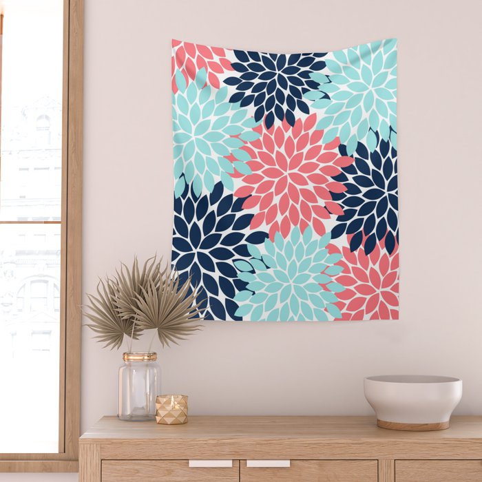 Navy Coral Aqua Floral Pattern Flower Burst Petals Wall Tapestry Gallery Image 2